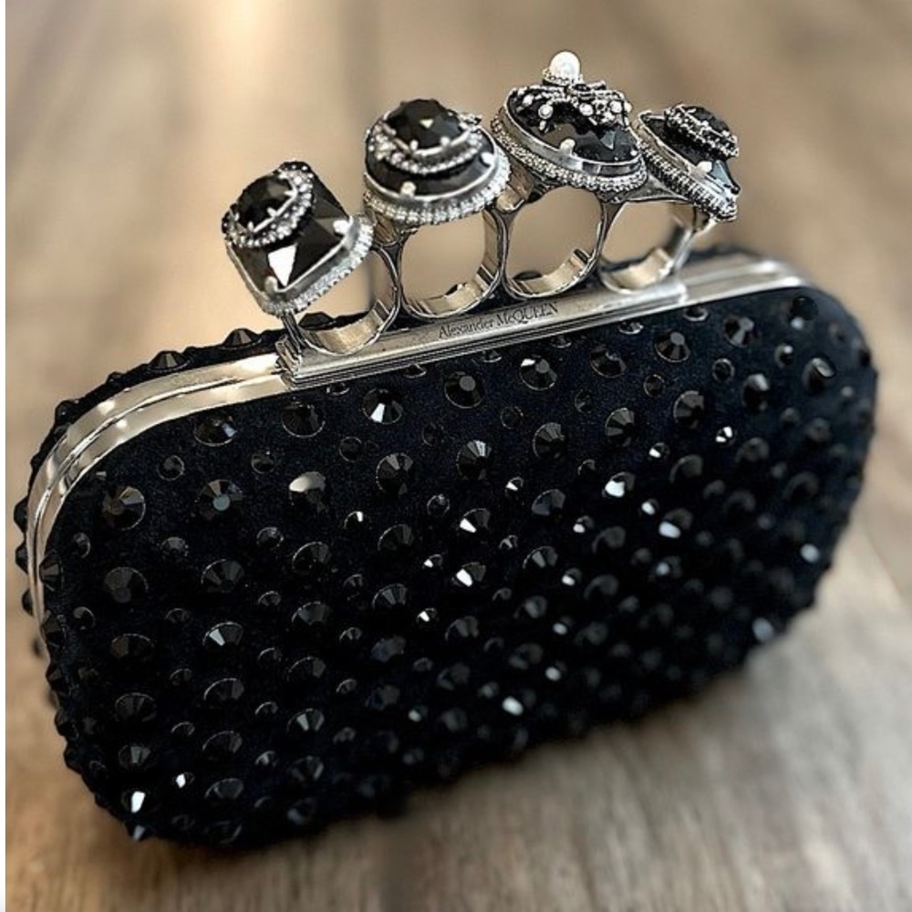 Alexander McQueen Black Crystal Studded Skull Four-Ring Bag / Clutch NEW !!!